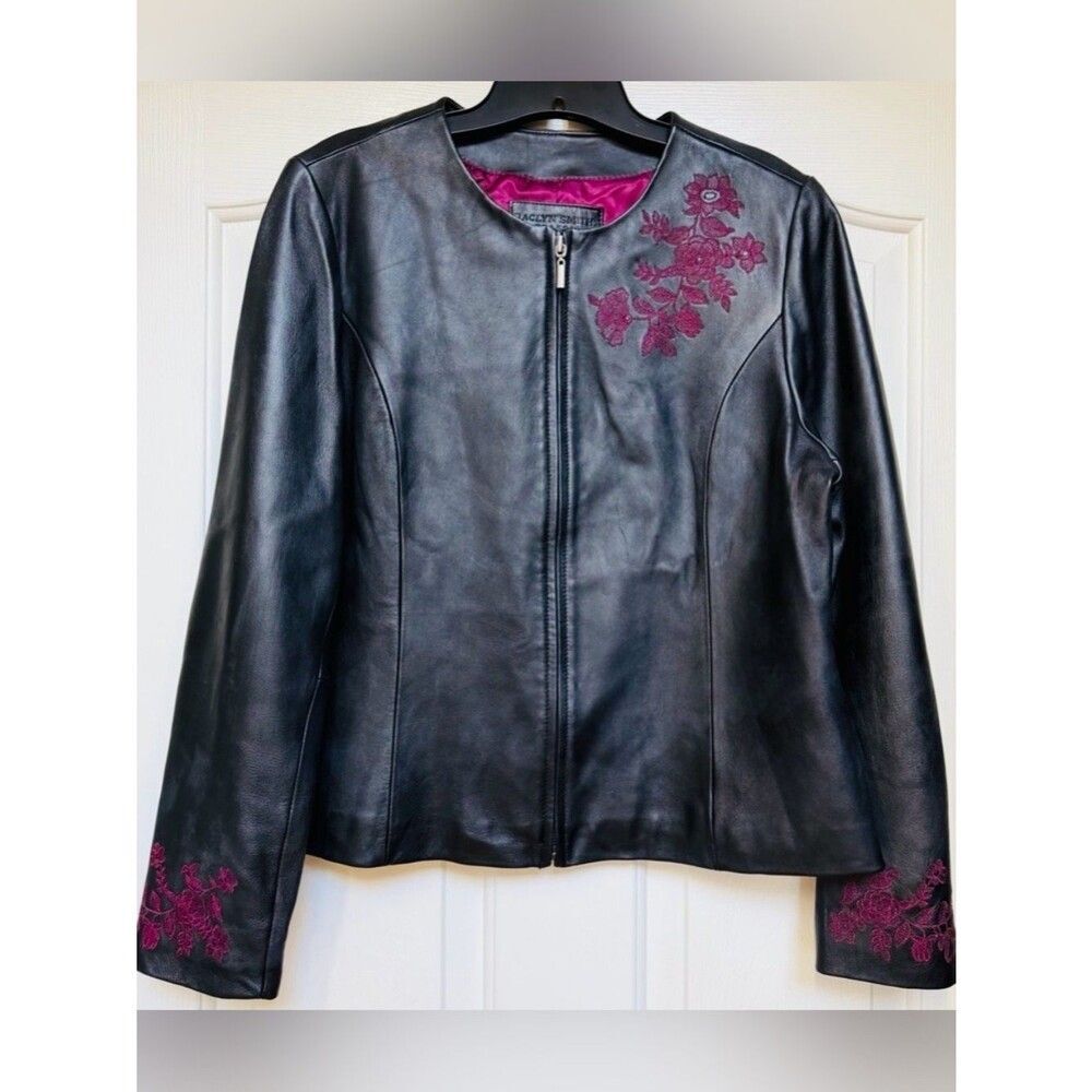 Jaclyn Smith Leather Jacket L Embroidered Black Purple Zip Women’s Edgy Moto - Picture 2 of 7